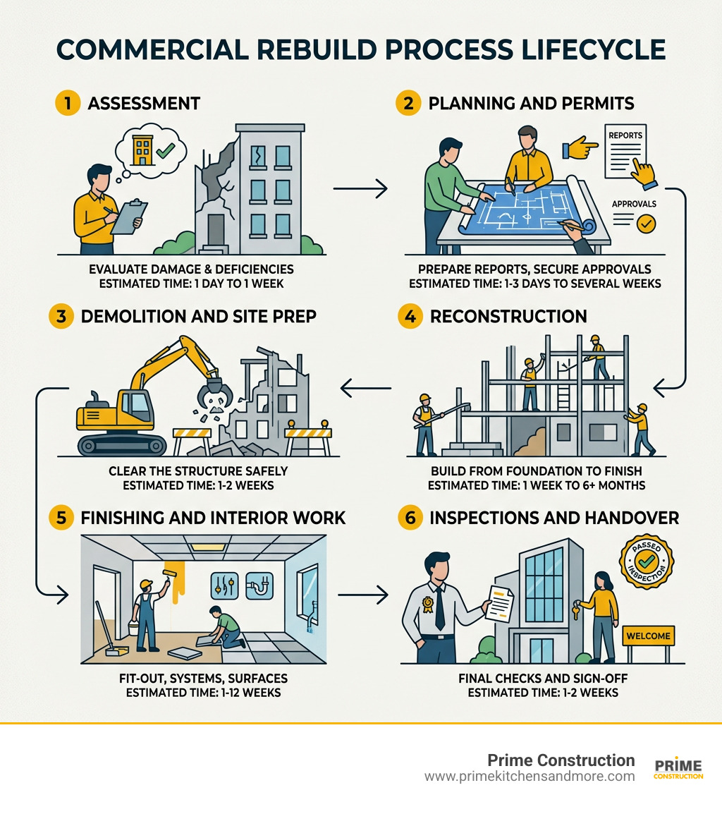 Commercial rebuild process lifecycle infographic showing phases from assessment to handover - commercial rebuild infographic Commercial rebuild process lifecycle infographic showing phases from assessment to handover - commercial rebuild infographic