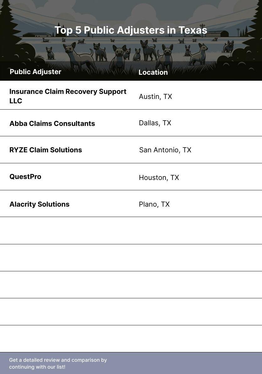 Comparison of Top 5 Public Adjusters in Texas - public adjusters Texas, USA infographic top-10-table