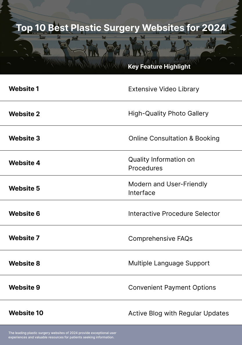 Infographic Displaying the Key Features of Top Plastic Surgery Websites - best plastic surgery websites infographic top-10-table