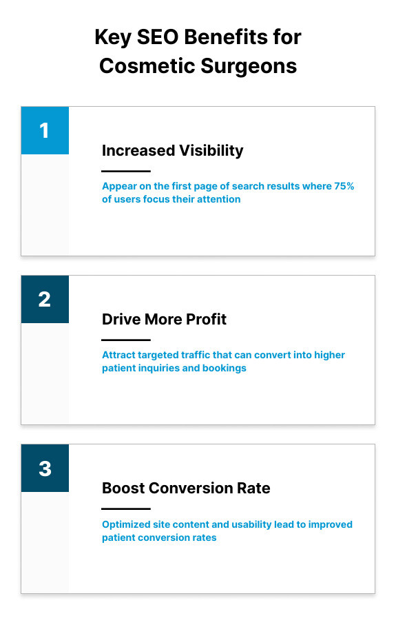 SEO benefits for cosmetic surgeons: increase visibility, drive more profits, boost conversion rate, and build brand - cosmetic surgeon seo infographic top-3-list
