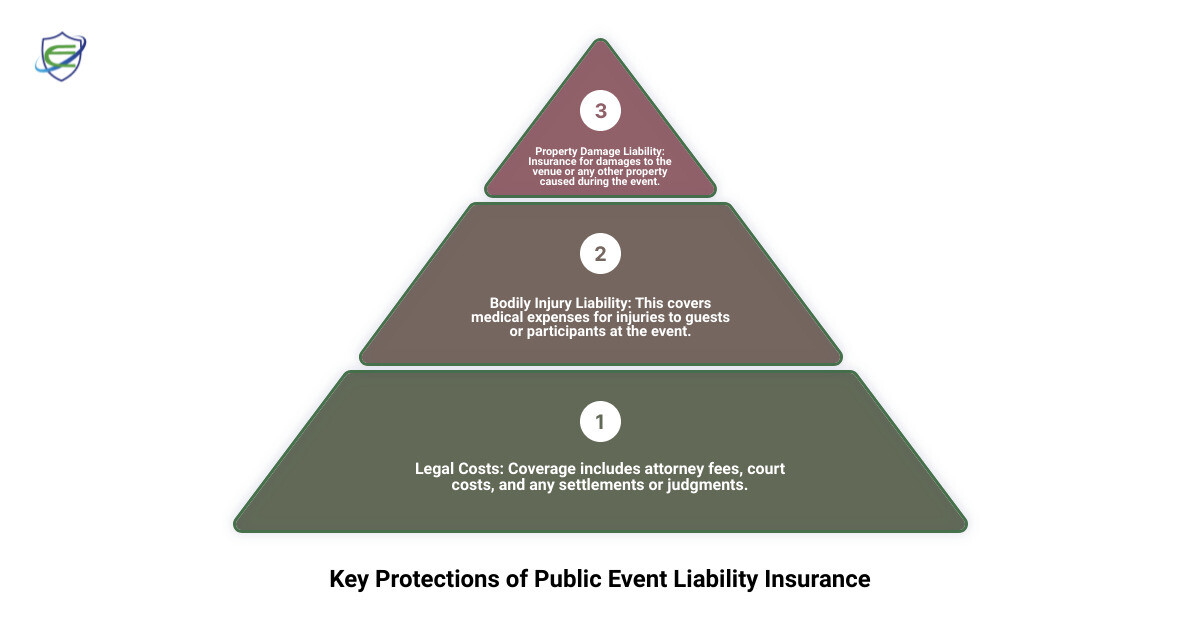 A pyramid diagram illustrates the key protections of public event liability insurance, starting with legal costs at the base, followed by bodily injury liability, and property damage liability at the top.