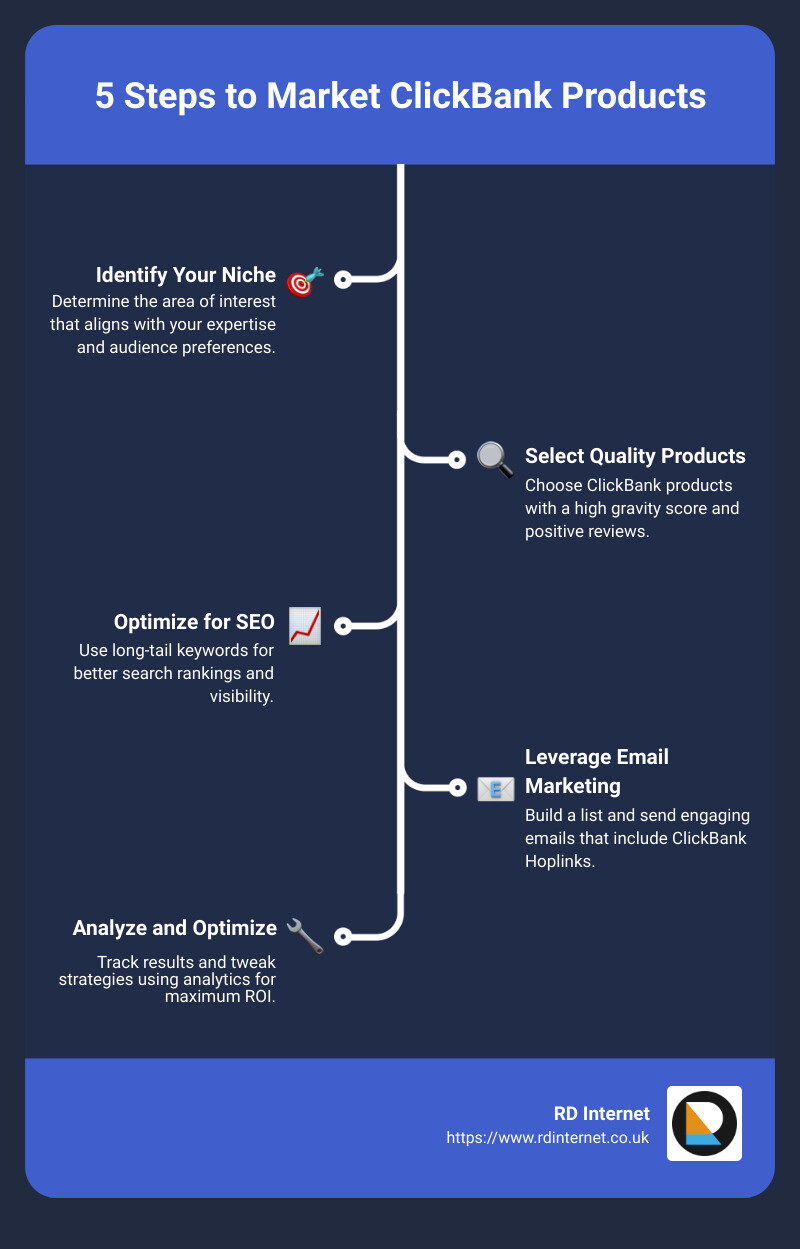 Detailed infographic showing the steps to successfully market ClickBank Products - how to market clickbank products infographic infographic-line-5-steps