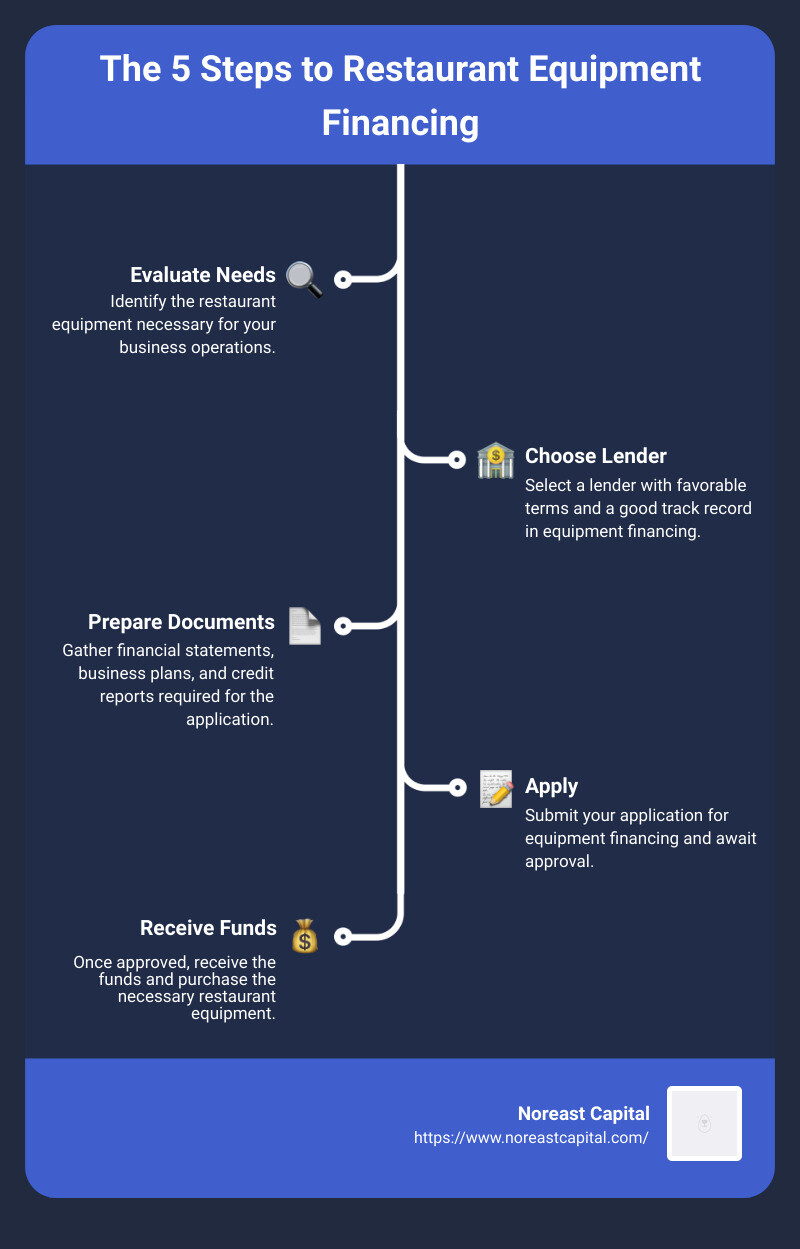 5a626d040c66ac318d63fa7c6f8034772beba759 Everything You Need to Know About Financing Restaurant Equipment Discover the essentials of how to finance restaurant equipment with our comprehensive guide. Explore your options, benefits, and tax advantages today! infographic of restaurant equipment financing process - how to finance restaurant equipment infographic infographic-line-5-steps