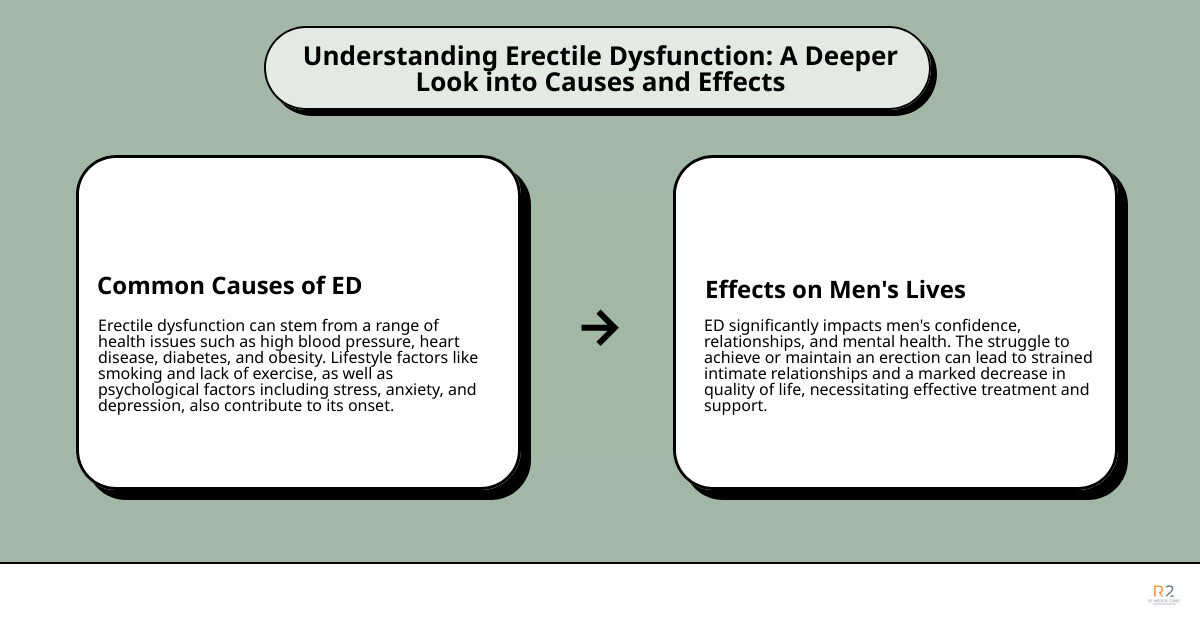 Flowchart depicting the process of treatment for Erectile Dysfunction at a Men's Health Clinic - men's health clinic erectile dysfunction infographic cause_effect_text