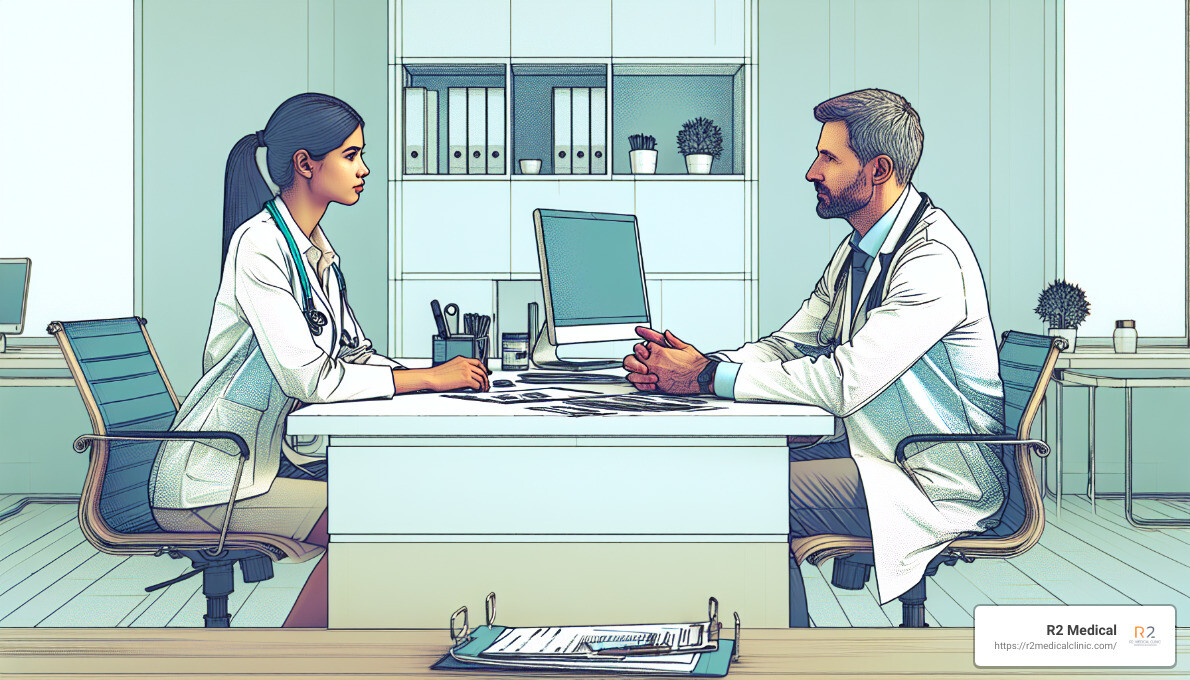 Man and doctor discussing erectile dysfunction - men's dysfunction medical clinic