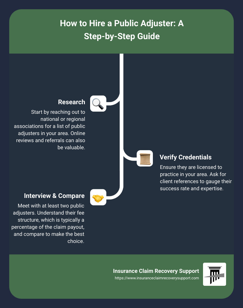 Infographic detailing the process of hiring a public adjuster and their role in insurance claims - publicadjusters infographic infographic-line-3-steps