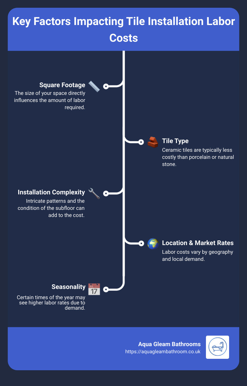 Infographic description: A step-by-step visual guide illustrating key factors that impact tile installation labor costs. The infographic starts with the base level - square footage and tile type, then adds levels for complexity and location/market rates, culminating in a final estimated cost range. Each level is color-coded for clear distinction, with icons representing each factor for easy visualization. - tile installation labor cost calculator infographic infographic-line-5-steps