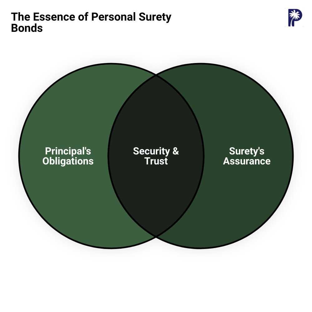 Infographic detailing personal surety bonds - the graphic illustrates a three-sided agreement between the principal, the obligee, and the surety, emphasizing the importance of protecting the interests of the obligee while ensuring project completion or adherence to laws and regulations. It highlights personal surety's role in various industries and underscores its importance in establishing trust and mitigating risks. - personal surety infographic venn_diagram