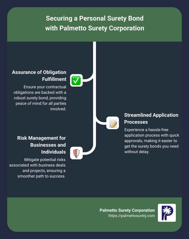 In-depth guide to understanding personal surety 1 Infographic detailing the quick and efficient process of securing personal surety bonds with palmetto surety corporation, emphasizing three key points: assurance of obligation fulfillment, streamlined application processes, and risk management for businesses and individuals. - personal surety infographic infographic-line-3-steps