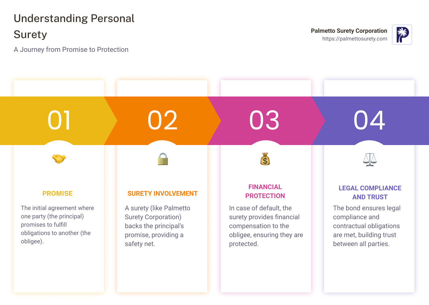 In-depth guide to understanding personal surety 1 Infographic describing the simplicity and necessity of personal surety bonds in ensuring project completion, highlighting the roles of the principal, obligee, and surety, and summarizing the benefits of mitigating risk and enhancing trust. - personal surety infographic pillar-4-steps