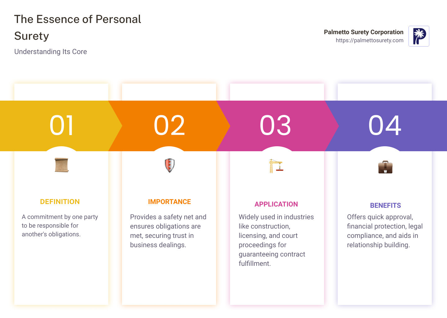 In-depth guide to understanding personal surety 1 Infographic describing the concept of personal surety, highlighting its definition as a commitment by one party to be responsible for another's obligations, its importance in providing financial and operational security, and its broad application across various industries to ensure the completion of projects and contracts. The infographic also features icons representing the construction, legal, and business sectors, and emphasizes the role of personal surety in building trust between parties. - personal surety infographic pillar-4-steps
