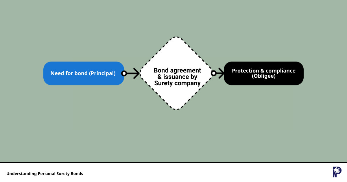 In-depth guide to understanding personal surety 1 Detailed infographic showing the flow and connection between the principal, obligee, and surety in a personal surety bond, highlighting its importance in providing financial protection and ensuring compliance with laws and contractual obligations. - personal surety infographic flowmap_simple