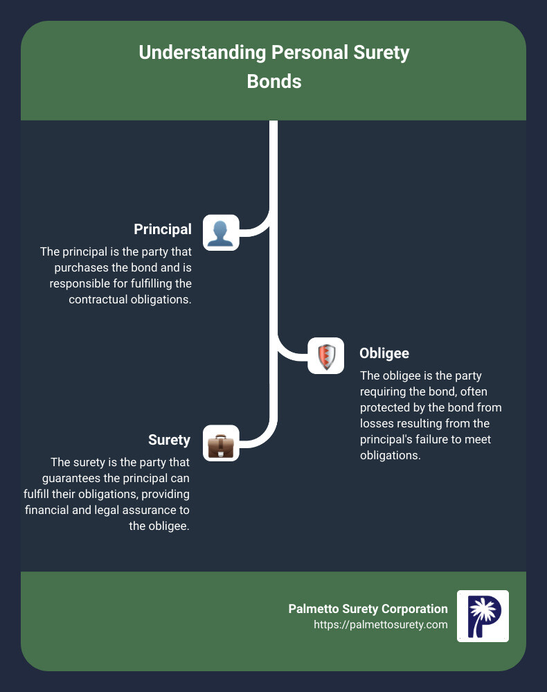 In-depth guide to understanding personal surety 1 Detailed infographic explaining personal surety bonds, highlighting the roles of the principal, obligee, and surety in the agreement process, and showcasing various types of personal surety bonds such as license and permit bonds, judicial bonds, and construction bonds. - personal surety infographic infographic-line-3-steps