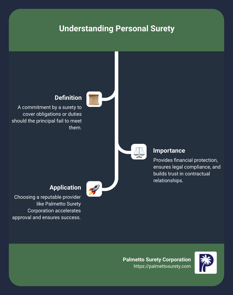 Infographic detailing the definition and importance of personal surety, showing a flowchart of the relationship between principal, surety, and obligee - personal surety infographic infographic-line-3-steps