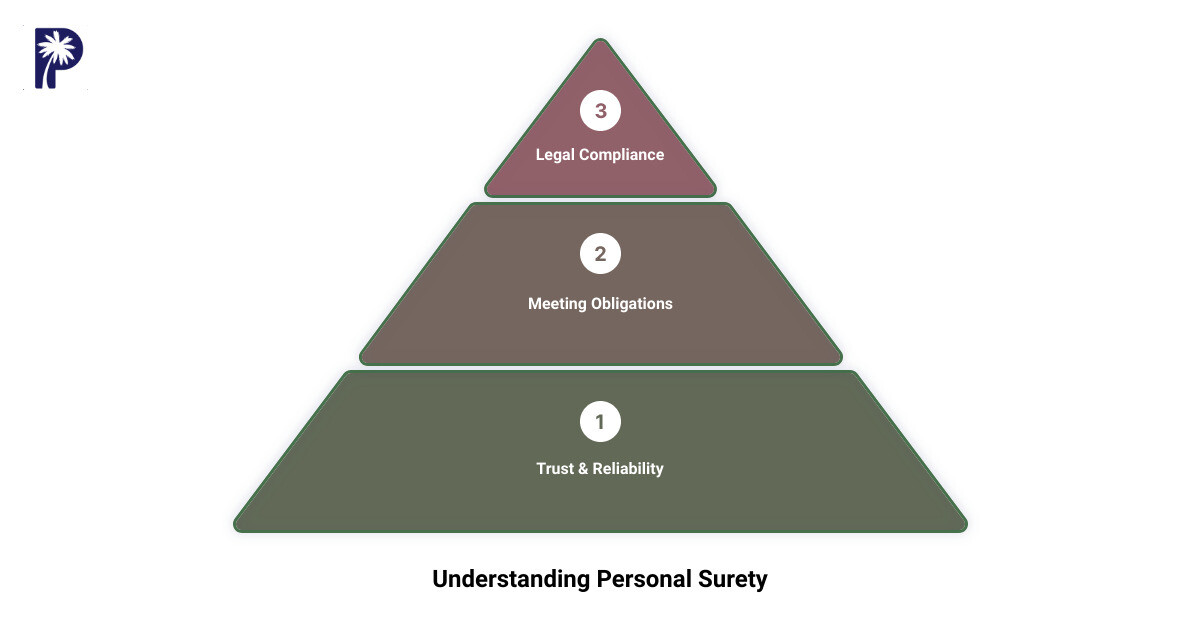Infographic describing the basics of personal surety, including a definition, importance in maintaining trust in business transactions, and a visualization of the relationship between obligee, principal, and surety - personal surety infographic 3_stage_pyramid