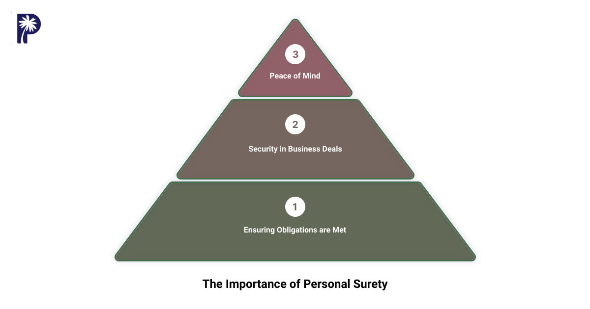 Infographic detailing the simple explanation of personal surety, including a brief definition as a safety net in business deals, its importance for ensuring obligations are met, and the peace of mind it offers to involved parties - personal surety infographic 3_stage_pyramid