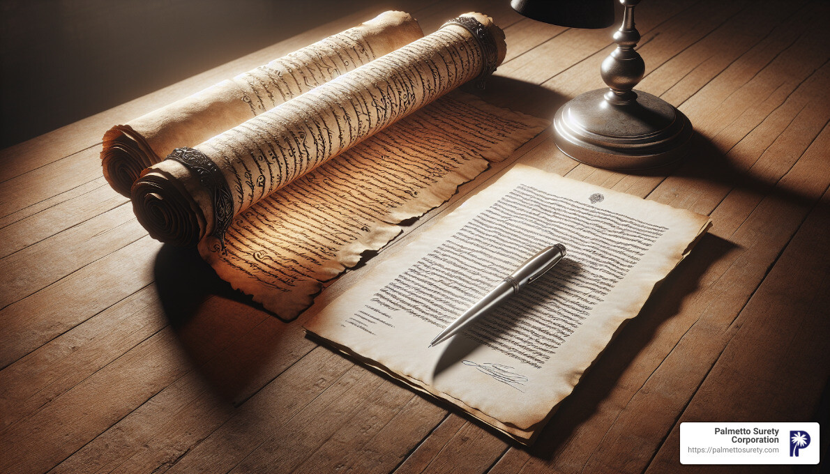 In-depth guide to understanding personal surety 3 An ancient scroll and a modern contract side by side, symbolizing the evolution of personal surety from historical practices to its current legal framework. - personal surety