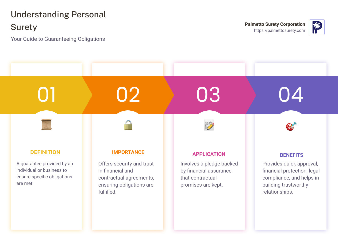 Infographic describing the basic concept of personal surety, how it operates as a security measure in contracts, and its significance in fostering business relationships and ensuring project completion - personal surety infographic pillar-4-steps