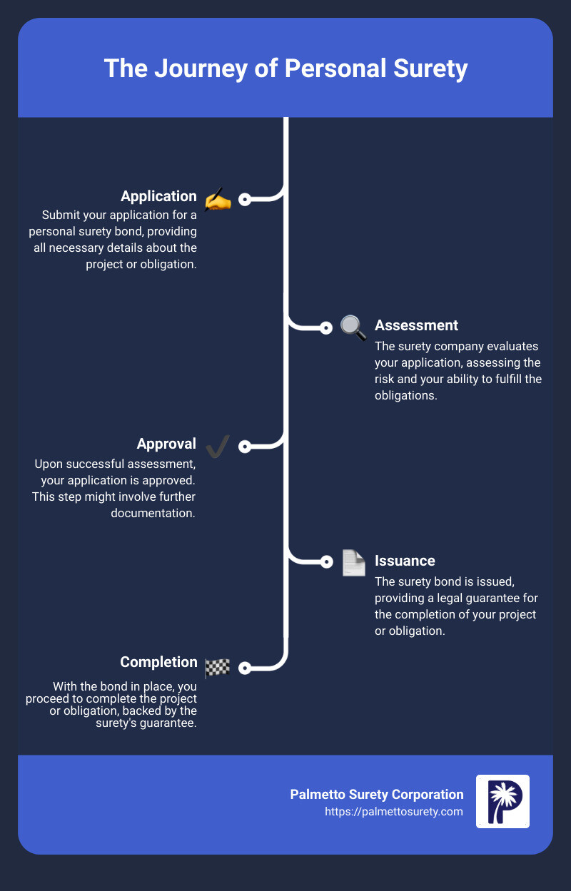 Infographic describing personal surety: a visual representation of the journey from application to bond issuance, highlighting the steps involved, such as application, assessment, approval, and issuance, accompanied by key benefits like risk mitigation, trust enhancement, and project completion guarantee - personal surety infographic infographic-line-5-steps