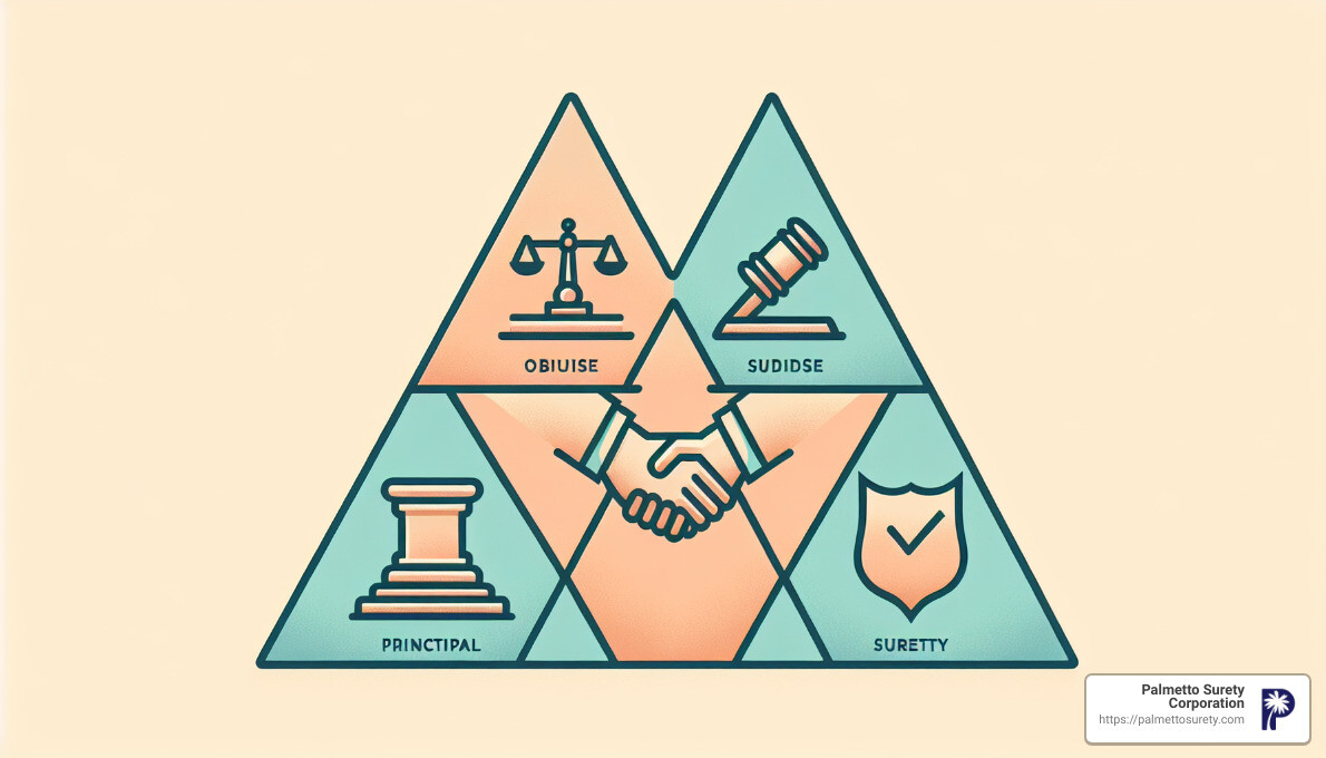 In-depth guide to understanding personal surety 3 Visual representation of the surety triangle showing the principal, obligee, and surety - personal surety