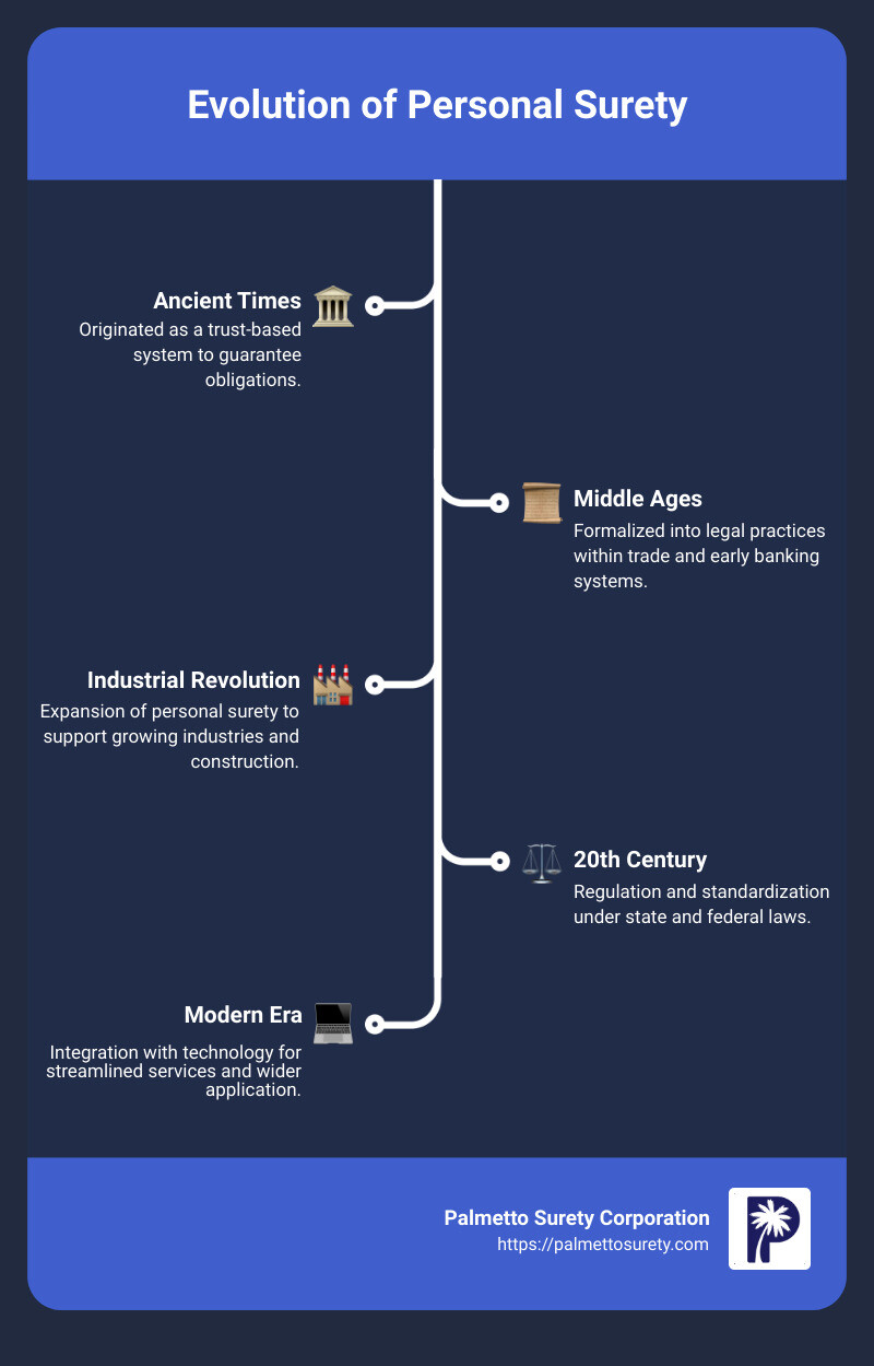 In-depth guide to understanding personal surety 3 Historical timeline showing the evolution of personal surety from ancient times to the modern era, highlighting key legal milestones and the adaptation of the concept with technology - personal surety infographic infographic-line-5-steps