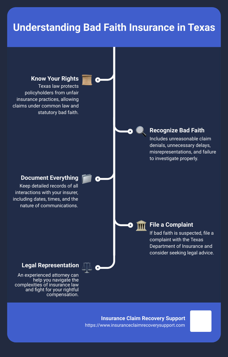 Infographic describing bad faith insurance practices in Texas, covering topics such as common law and statutory bad faith, policyholders' rights, and examples of unfair insurer conduct. - bad faith insurance claim texas infographic infographic-line-5-steps