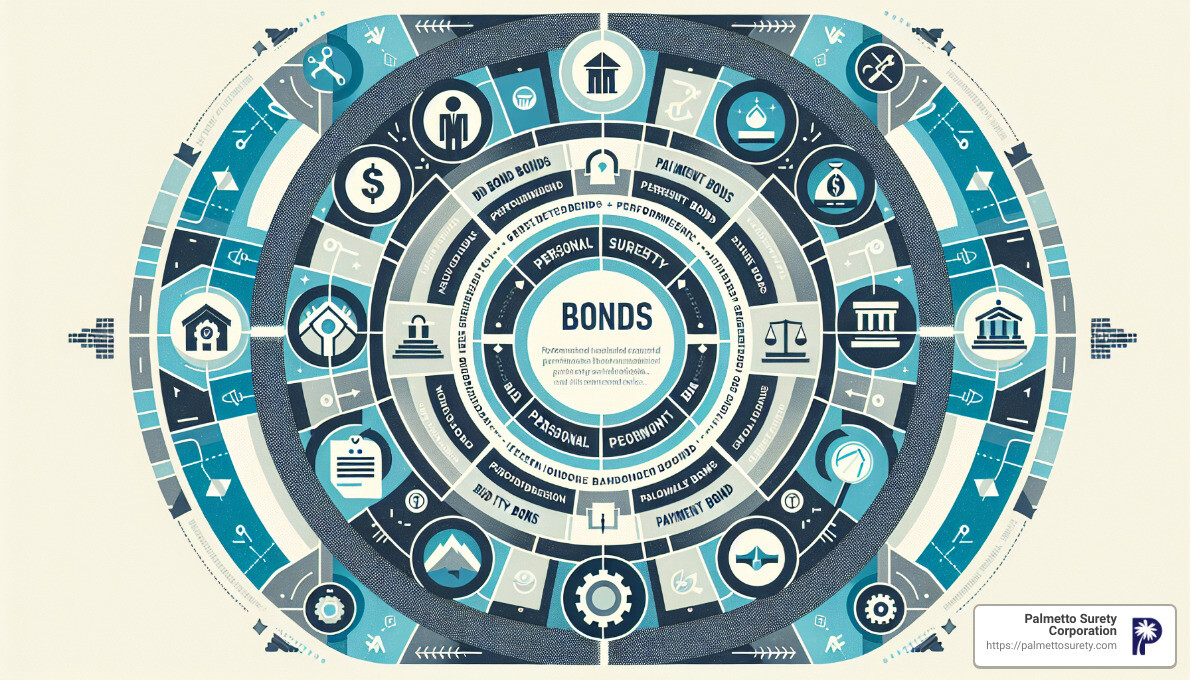 Graphic showing different types of personal surety bonds with icons representing bid bonds, performance bonds, payment bonds, and license and permit bonds, encircling the central theme of trust and reliability in business transactions. - personal surety