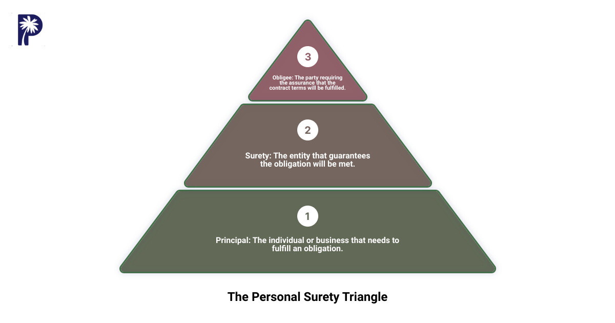 In-depth guide to understanding personal surety 1 Infographic describing personal surety: shows a triangle with the three parties involved - the principal, the obligee, and the surety. Below the triangle, key points include: ensures contract fulfillment, provides financial security, and mitigates the risk of defaults. - personal surety infographic 3_stage_pyramid