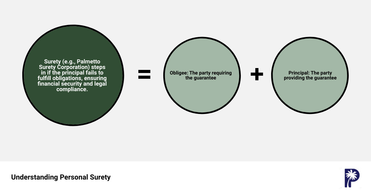 Infographic explaining the role of personal surety as a tripartite agreement, showing the three parties involved – the obligee, principal, and surety. It illustrates how personal surety acts as a guarantee for the obligee that the principal will fulfill their contractual obligations, with the surety covering the obligations if the principal fails. The infographic also highlights the key industries that commonly use personal surety, emphasizing its importance in providing financial security, legal compliance, and quick approval processes. - personal surety infographic sum_of_parts