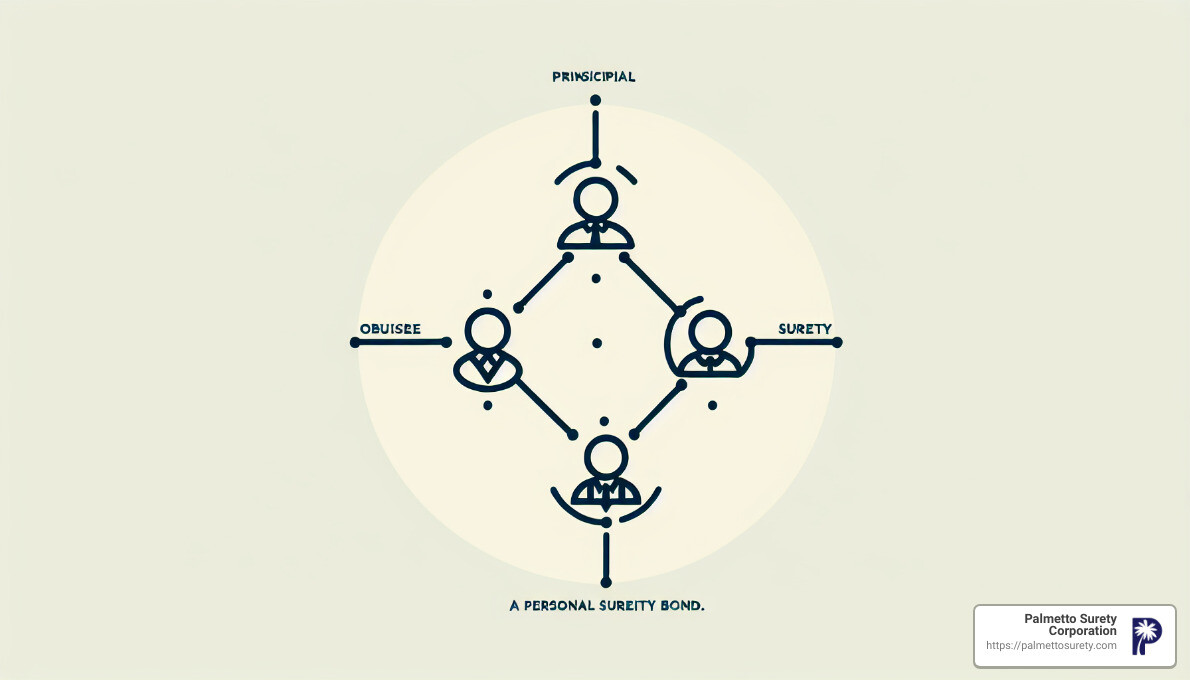 A simple diagram illustrating the three-party relationship in a personal surety bond - personal surety