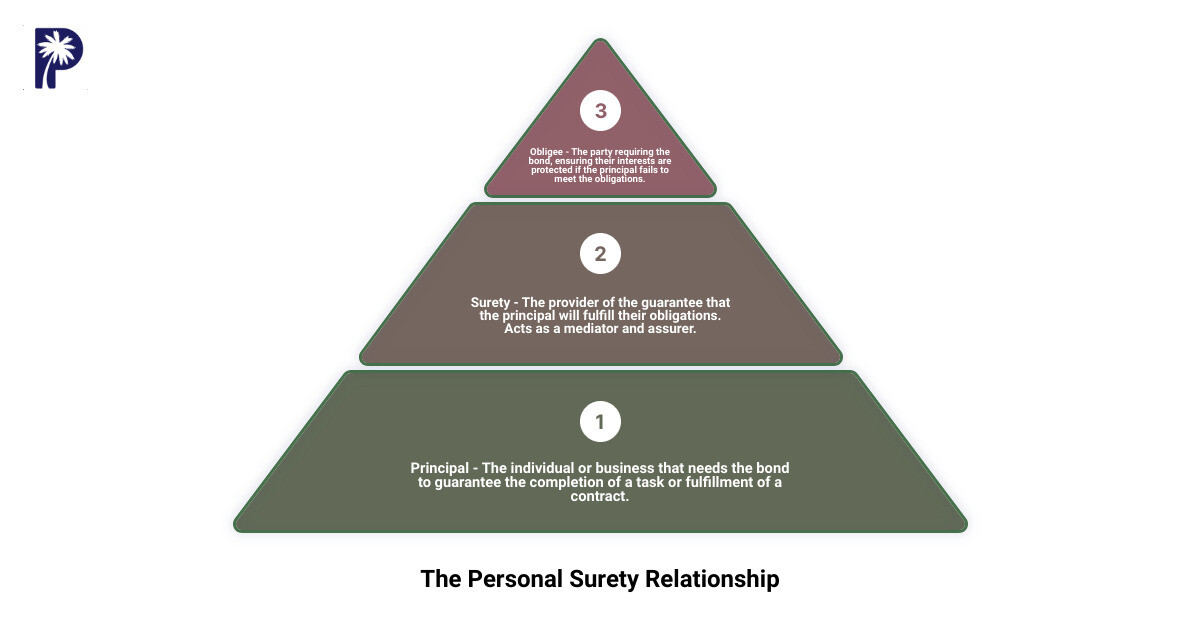 In-depth guide to understanding personal surety 1 Infographic explaining the three-party agreement in personal surety: principal, obligee, and surety. The principal is responsible for fulfilling the obligation; the obligee is the party requiring the guarantee; and the surety provides the guarantee that the principal will fulfill their obligations. - personal surety infographic 3_stage_pyramid
