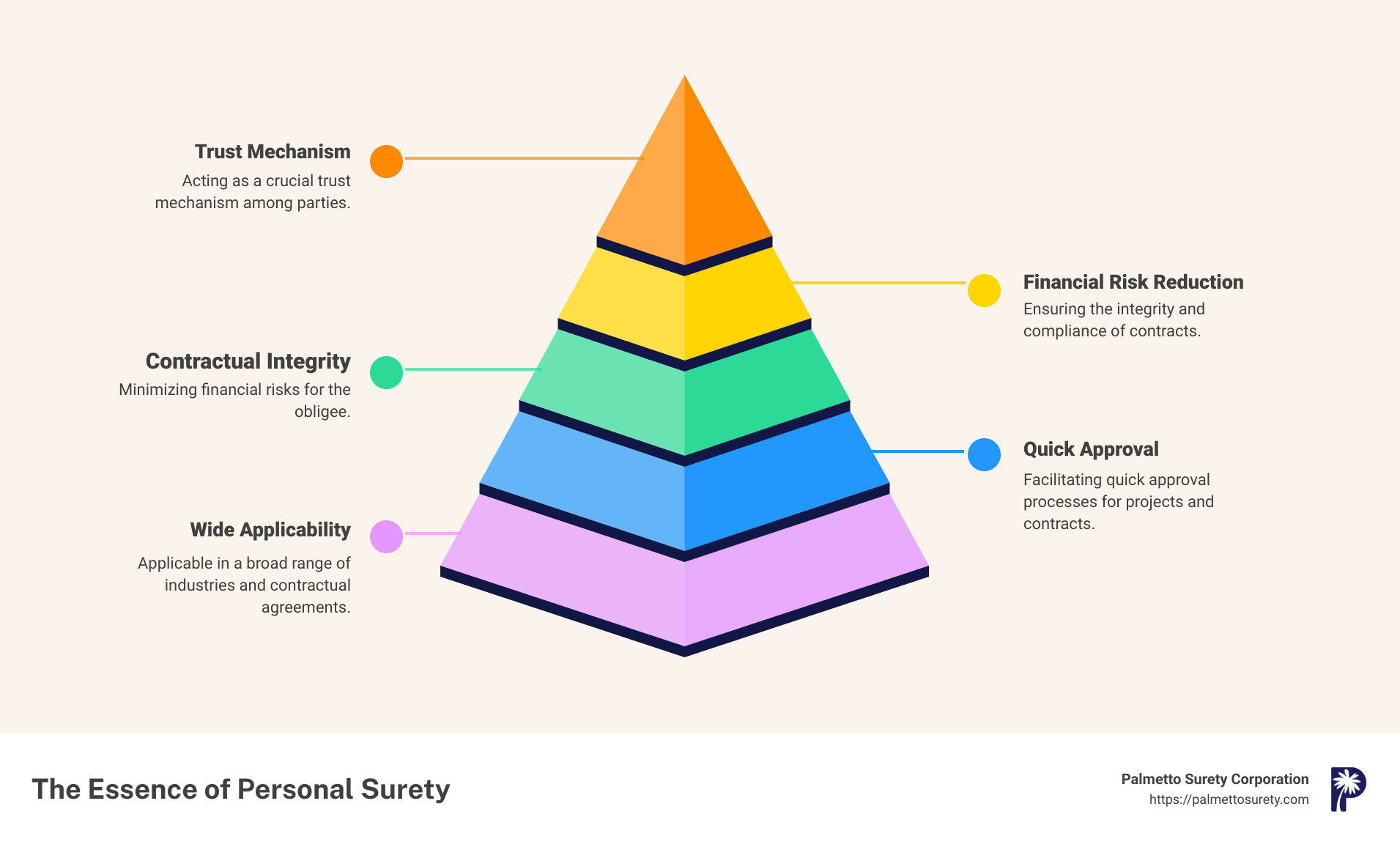 In-depth guide to understanding personal surety 1 Infographic detailing the basic concept of personal surety, highlighting the role of the principal, surety, and obligee, with examples in construction and business contracts. - personal surety infographic pyramid-hierarchy-5-steps