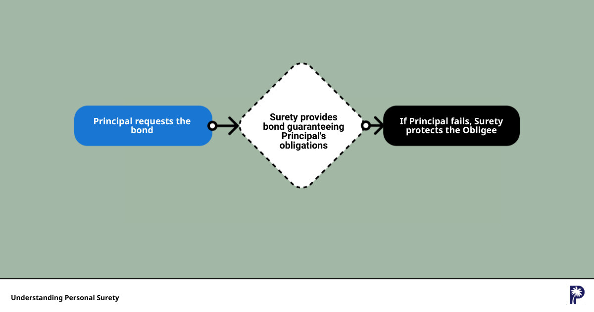 Infographic showing the simple flow of personal surety: the principal requests the bond, the surety provides the bond guaranteeing the principal's obligations to the obligee, if the principal fails, the surety fulfills or solves the failure, protecting the obligee. - personal surety infographic flowmap_simple
