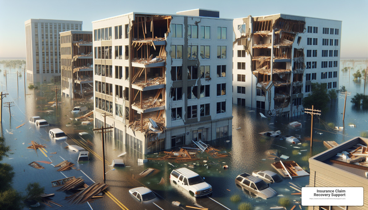 damage to commercial and apartment buildings in Texas following a hurricane, highlighting extensive structural damage, significant floodwater intrusion, and widespread debris accumulation - hurricane texas - hurricane texas