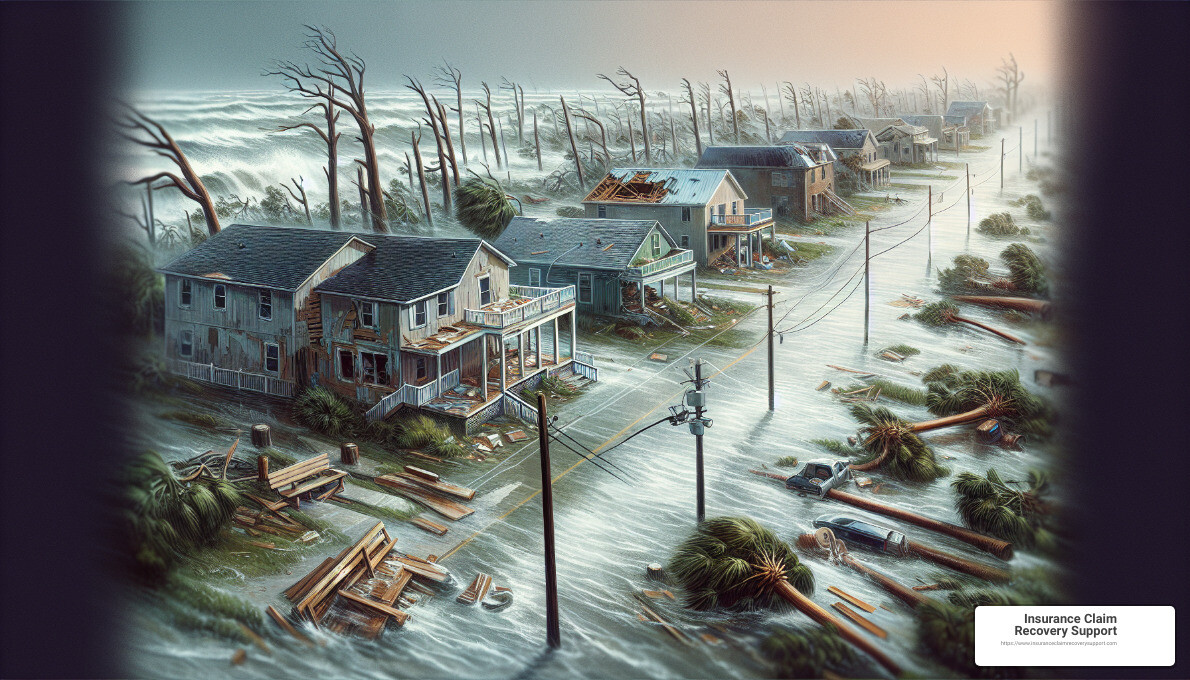 Hurricane Ike's impact on Texas coastal areas, showing flooded streets, damaged homes, and uprooted trees - hurricane texas