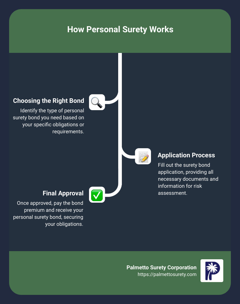 In-depth guide to understanding personal surety 1 Infographic detailing steps to obtain a personal surety bond, including choosing the right bond type, the application process, risk assessment by the provider, and final approval - personal surety infographic infographic-line-3-steps