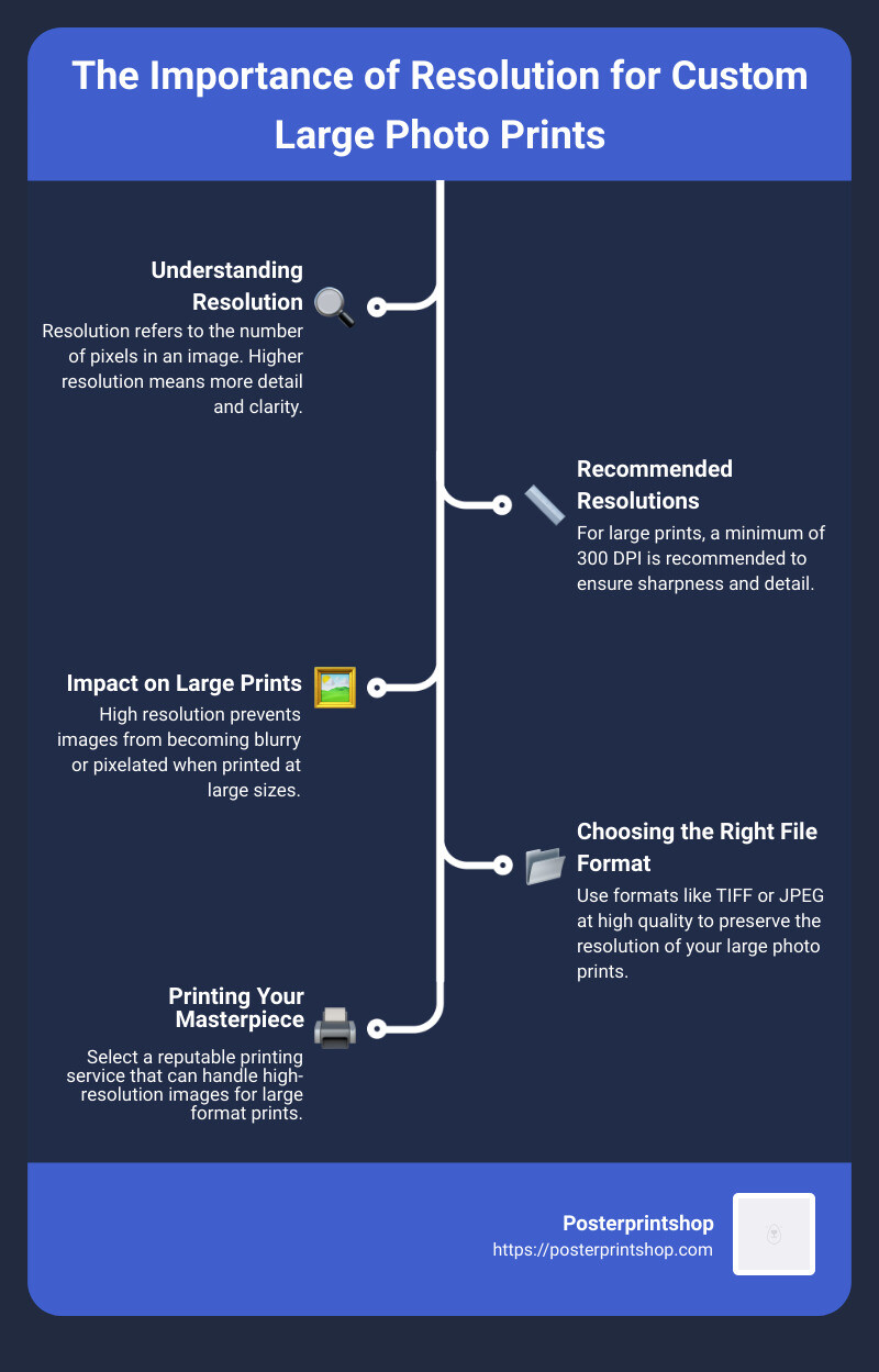 Detailed infographic on the importance of resolution in custom large photo prints, illustrating the difference in clarity and detail between high and low-resolution images when printed at large sizes. It highlights the recommended resolution for popular print sizes such as 8x10", 16x20", and 30x40". - custom large photo prints infographic infographic-line-5-steps