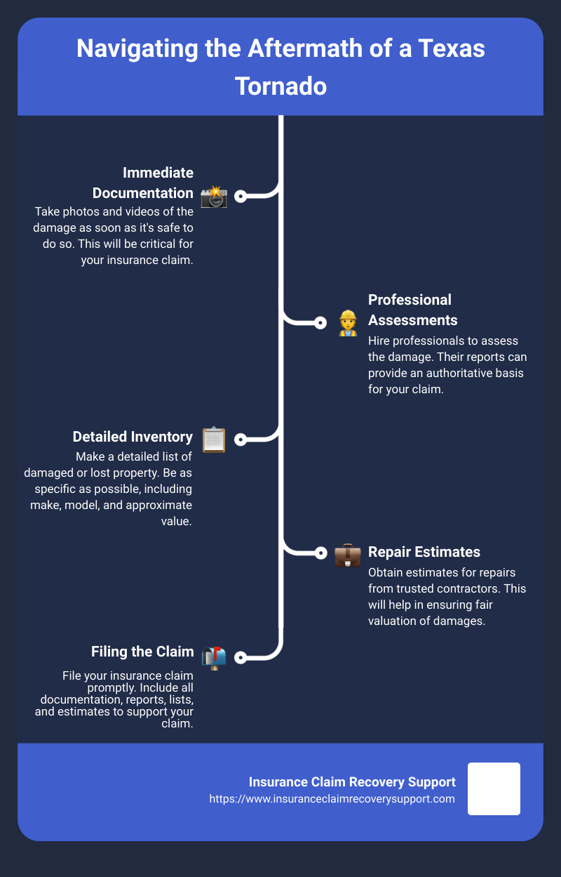 Infographic detailing key steps for tornado preparedness and help navigating the insurance claims process, including identifying types of property damage, how to document damage for claims, and remedies for disputed claims. - tornado infographic infographic-line-5-steps