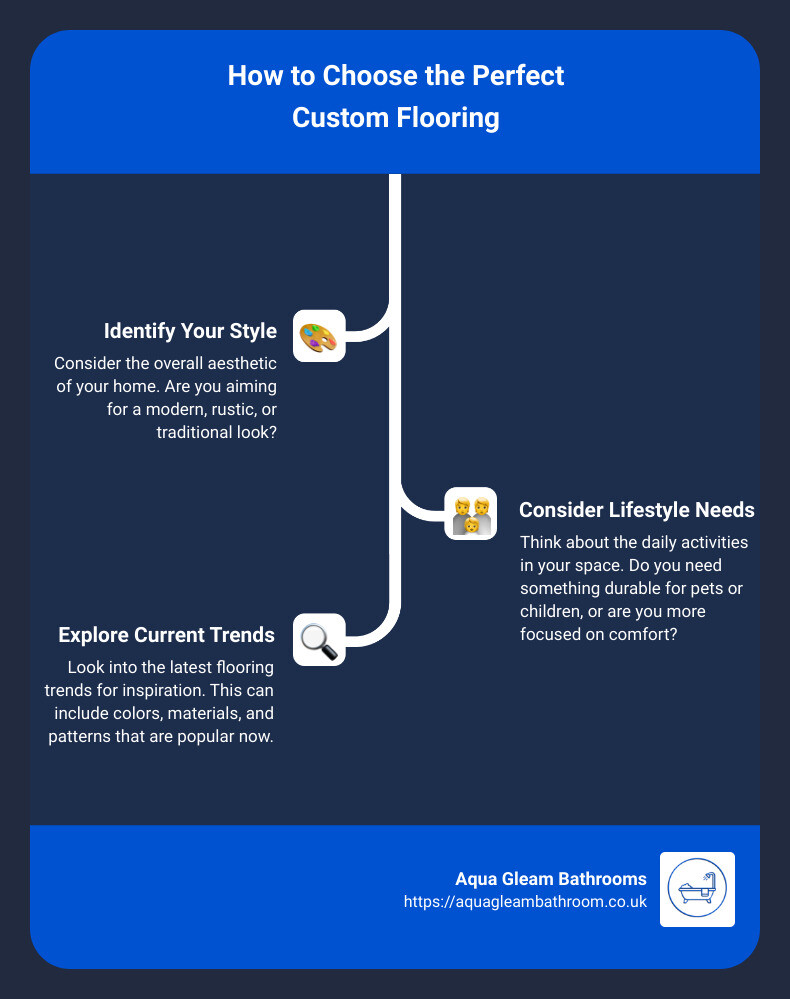 How to choose the perfect custom flooring: 1. Identify your style, 2. Consider lifestyle needs, 3. Explore current trends, 4. Consult with professionals. - custom flooring infographic infographic-line-3-steps