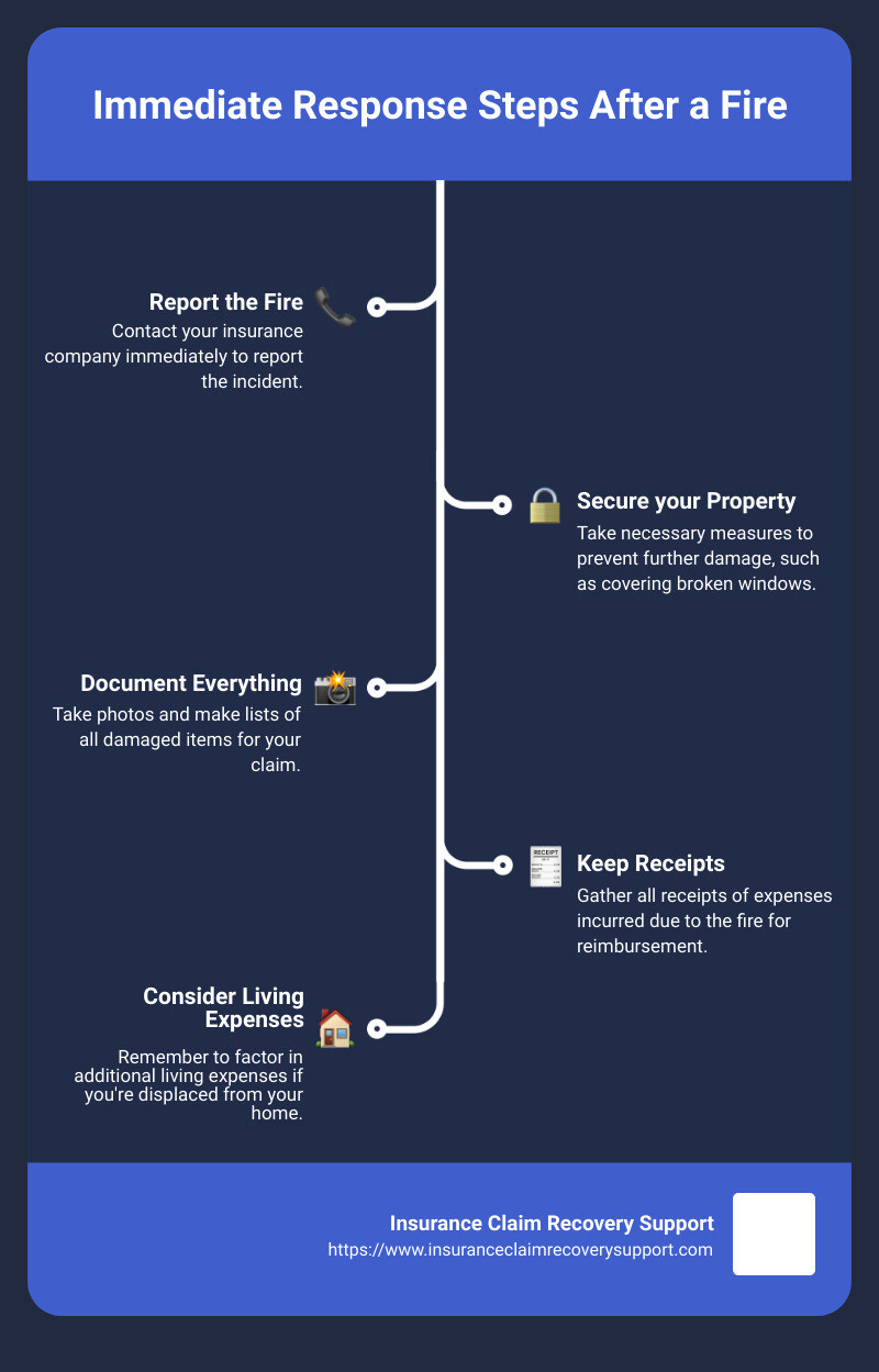 Detailed infographic on steps for immediate response after a fire: 1. Report the fire to insurance. 2. Secure property to prevent further damage. 3. Document everything—photos, lists of damages. 4. Keep receipts of all expenses. - fire claim help infographic infographic-line-5-steps