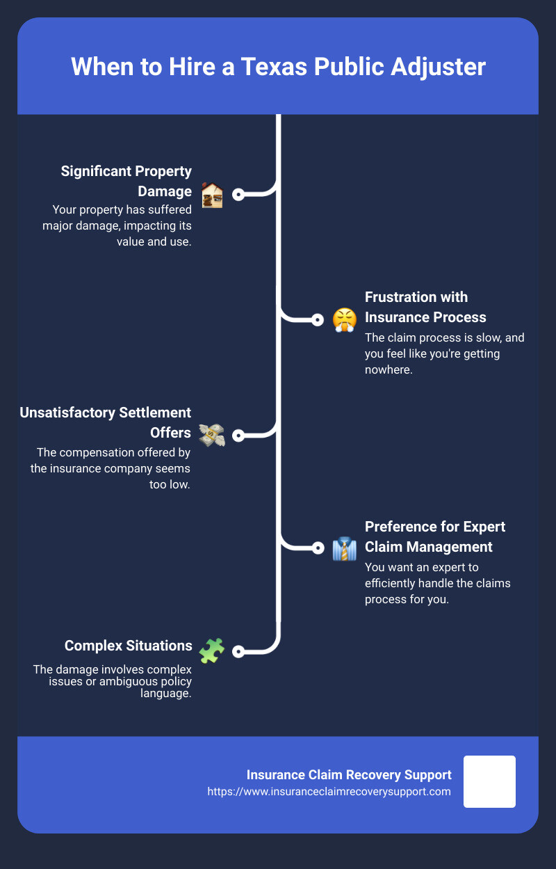 When to hire a Texas public adjuster infographic: 1. Significant property damage. 2. Frustration with the insurance process. 3. Unsatisfactory settlement offers. 4. Preference for expert claim management - texas public adjuster infographic infographic-line-5-steps