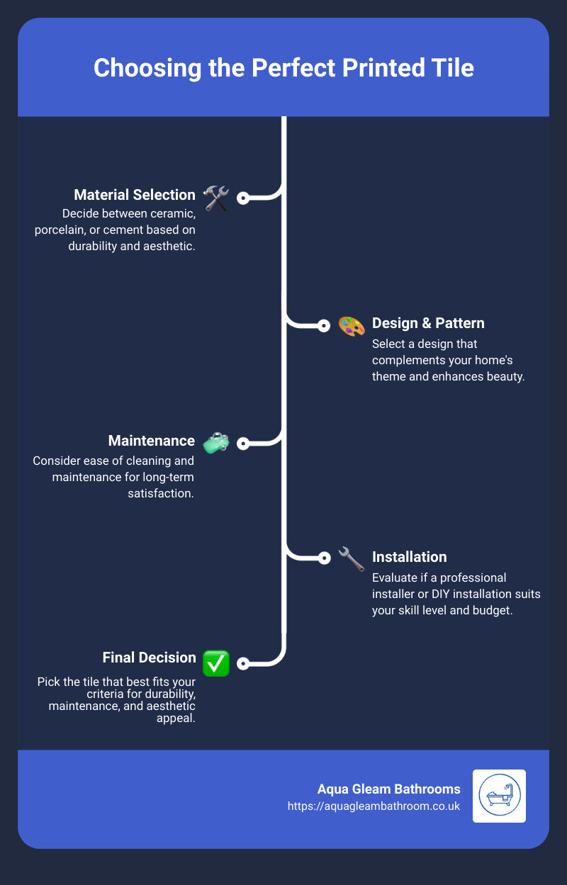 Infographic detailing the criteria for selecting the perfect printed tile, including material pros and cons, durability factors, maintenance requirements, and installation tips. This infographic aims to provide homeowners in Cardiff with an at-a-glance guide to making informed decisions in their tile selection process. - printed tiles infographic infographic-line-5-steps