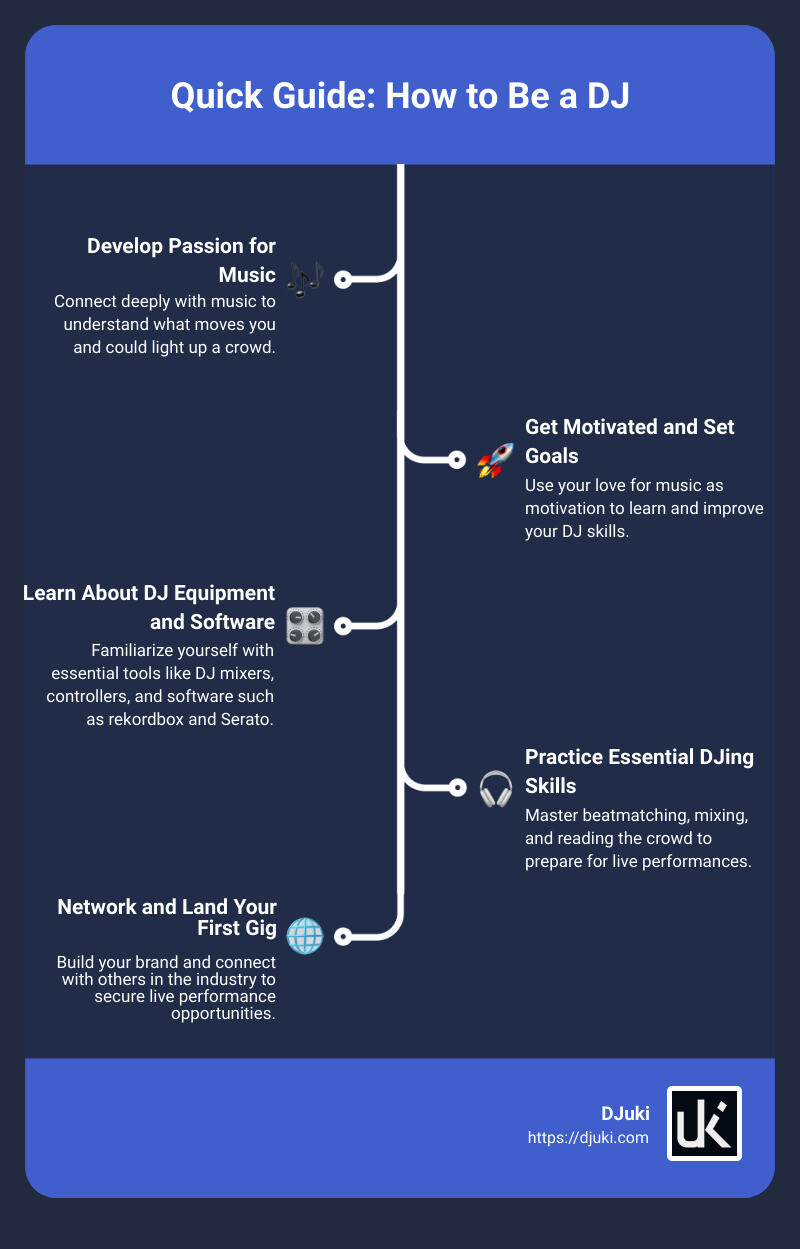 Infographic detailing steps for becoming a DJ: 1. Develop a passion for music, 2. Get motivated and set goals, 3. Learn about DJ equipment and software, 4. Practice essential DJing skills, 5. Network and land your first gig. - how to be a dj infographic infographic-line-5-steps
