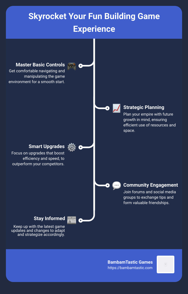 Infographic detailing how mastering basic controls, engaging with the community, and strategic planning can skyrocket your fun building game experience to new heights, including tips on prioritizing upgrades, learning from the best, and staying updated on game changes for an all-encompassing approach to dominating in fun building games. - fun build games infographic infographic-line-5-steps