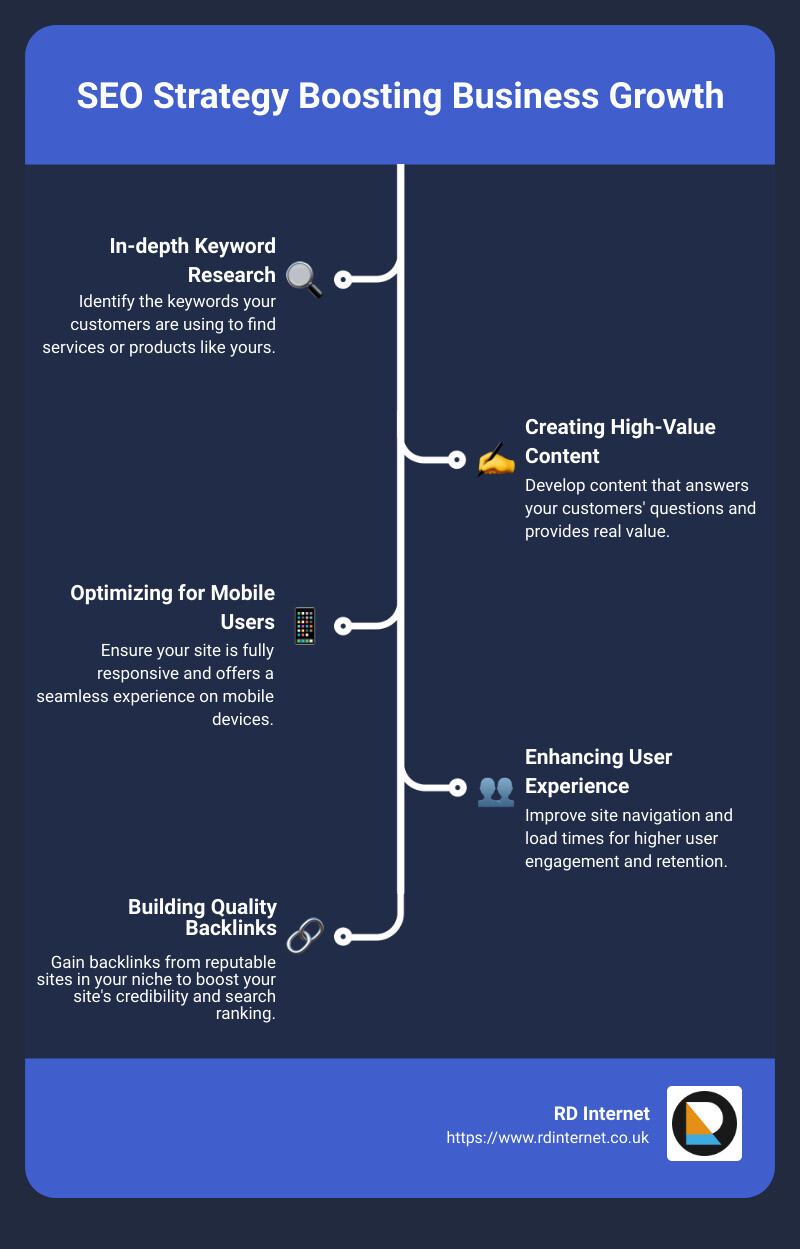 Detailed Infographic on SEO Strategy Boosting Business Growth: It shows a step-by-step plan starting with in-depth keyword research, moving on to creating high-value content, optimizing the website for mobile users, enhancing the user experience for higher engagement, and finally, building quality backlinks. Each step is paired with a statistic, e.g., "Websites optimized for mobile see an average 15% increase in traffic," and practical tips, like "Use natural language in your content to match voice search queries." - SEO strategies business marketing expert infographic infographic-line-5-steps