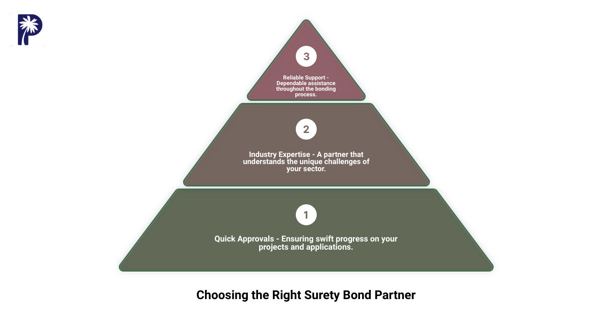 Infographic detailing the importance of choosing the right surety bond partner, highlighting the benefits of quick approvals, industry expertise, and reliable support - surety bond infographic 3_stage_pyramid