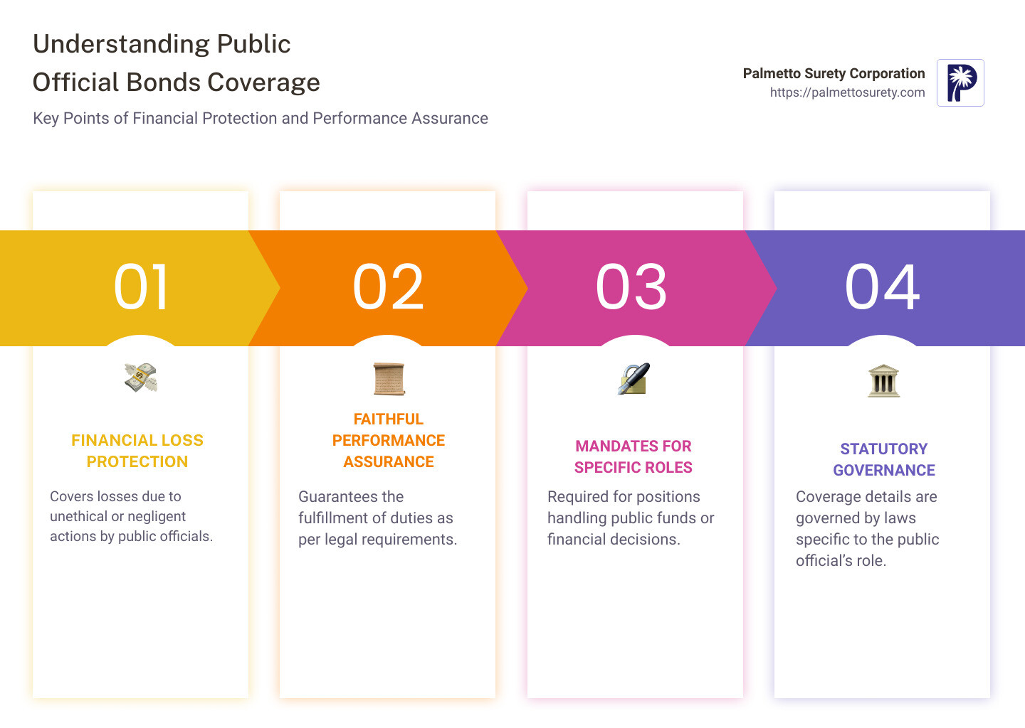 Infographic depicting the coverage of public official bonds, highlighting protection against financial loss, ensuring faithful performance, role-specific mandates, and statutory governance. The infographic further breaks down typical roles requiring bonds, such as treasurers, tax collectors, and court clerks, and the steps taken when a claim is made against a bond for unfaithful performance. - what does a public official bond cover infographic pillar-4-steps
