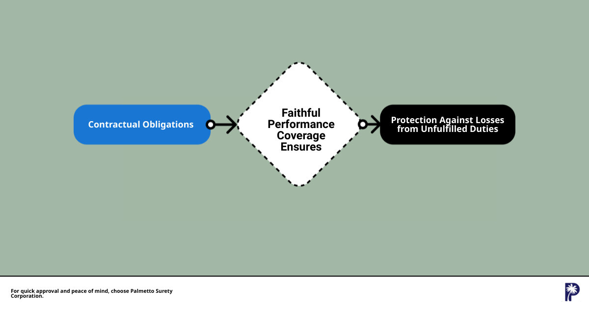 A comprehensive guide to faithful performance coverage 1 Infographic on faithful performance of duty coverage: this infographic shows a simplified flowchart. On the top, a heading reads "faithful performance of duty coverage explained. " below, three main points branch out: "1. Definition: a bond that ensures contractual obligations are met," "2. Importance: protects against losses from unfulfilled duties," and "3. Ideal for: businesses in contractual engagements needing assurance of task completion. " the bottom of the infographic highlights "for quick approval and peace of mind, choose palmetto surety corporation. " - faithful performance of duty coverage infographic flowmap_simple
