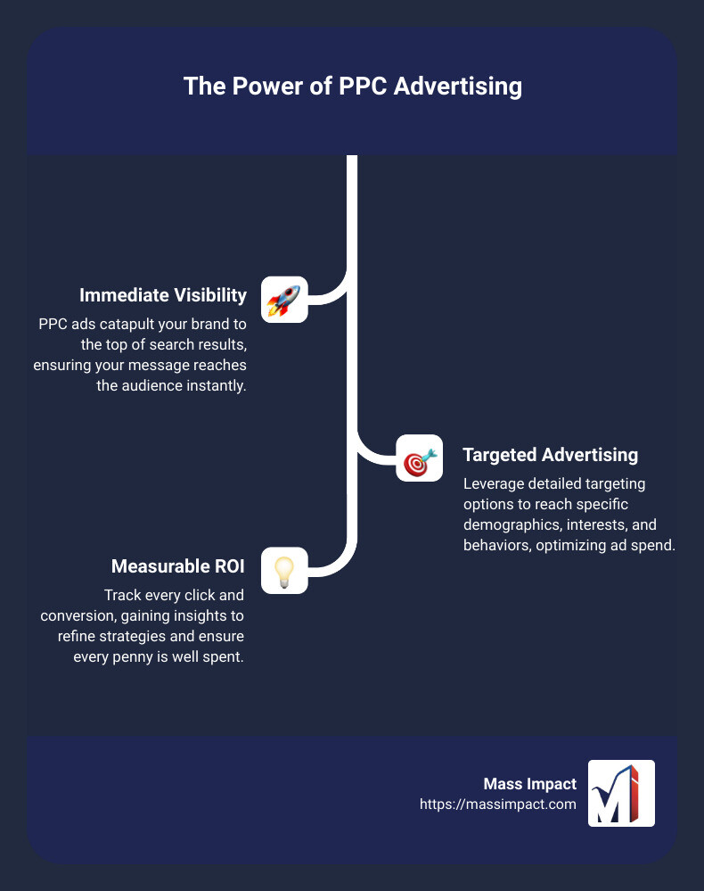 Informative infographic on the benefits and immediate results of targeted PPC advertising and its importance for businesses seeking quick and precise market reach - pay per click advertising management services infographic infographic-line-3-steps