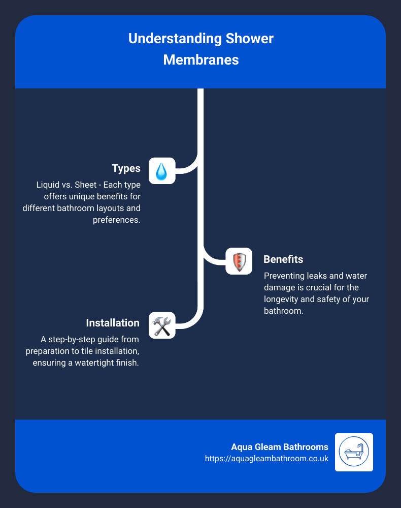 Understanding shower membranes: A guide to waterproofing your shower area effectively. This infographic covers the basics of shower membranes, including types (liquid and sheet), benefits (preventing leaks and water damage), and a quick comparison to help you make an informed choice. It then provides a brief overview of the installation process, highlighting preparation, application, and finalization steps, all tailored for homeowners in Cardiff looking to upgrade their bathrooms. - shower membrane infographic infographic-line-3-steps